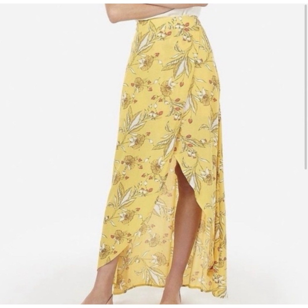 EXPRESS Maxi‎ Skirt Size S Yellow Floral Faux Wrap Pull On Boho Fairy Spring